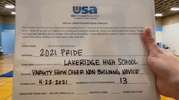 Lakeridge High School [Varsity Show Cheer Non Building Novice Finals] 2021 USA Spirit & Dance Virtual National Championships