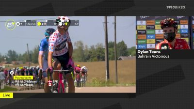 KOM Leader Magnus Cort Shakes His Head As EF Teammate Chases Him Down On Stage 7 Of 2022 Tour De France