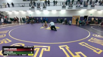 120 lbs Cons. Round 3 - Owen Jameson, Worland Middle School vs Afton Cox, Lander Middle School