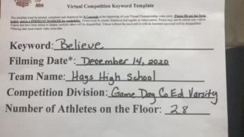 Hays High School [Game Day Coed Varsity] 2020 NCA December Virtual Championship