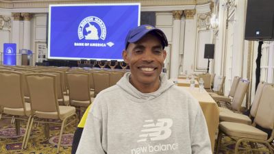 Meb Keflezighi running Boston Marathon on the 10th anniversary of this 2014 victory