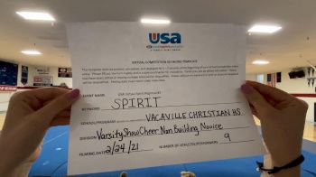 Vacaville Christian High School [Varsity Show Cheer Non Building Novice] 2021 USA Virtual Spirit Regional #3